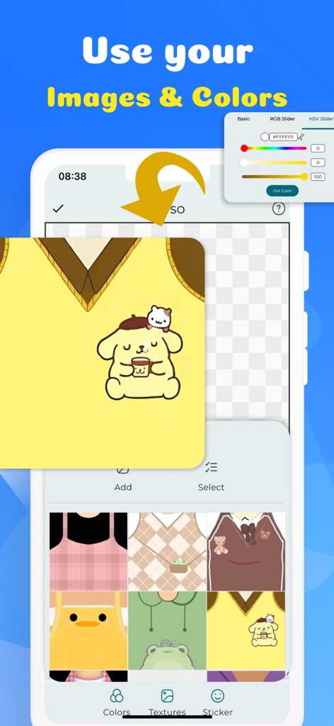 Clothes for Roblox Skins Maker - Roblox clothes maker app interface with color picker and cute texture options for shirts