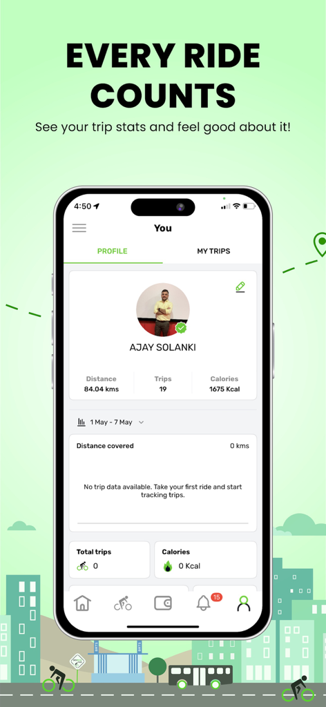 MYBYK - Pedal & EBike Rental - MYBYKアプリのユーザープロファイルダッシュボード。総走行距離、乗車回数、消費カロリーの統計を表示しています。