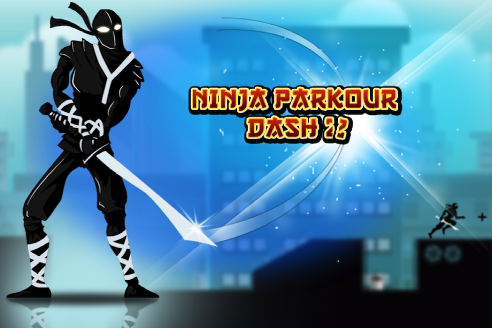 Ninja Parkour Dash 2: Escaping Vector Samurai Shurikens Fight - A black ninja holding a sword in front of a city skyline with the game title Ninja Parkour Dash 2
