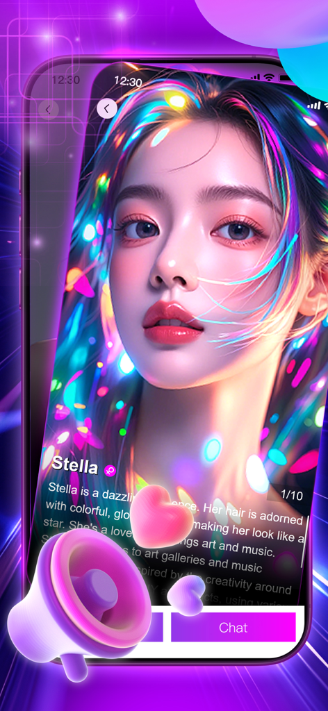 MetaChat - Multiverse World - A vibrant profile page of an AI character named Stella in the MetaChat app, featuring neon glowing hair and colorful lighting effects in a metaverse aesthetic.
