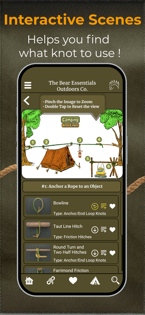 Knot IQ - The Bear Essentials - Screenshot of Knot IQ app showing an interactive camping scene with numbered knots for tent setup and firecraft.