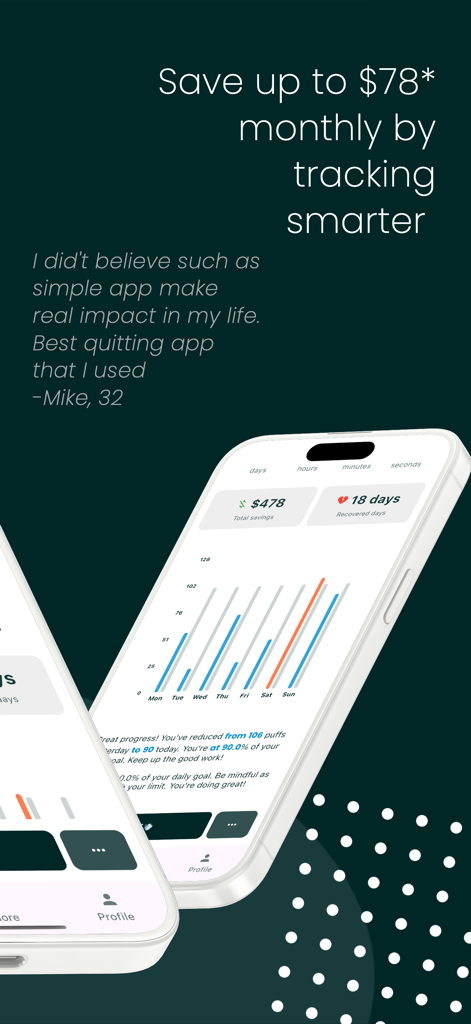 Pantalla de la aplicación Puff Counter AI que muestra el dinero ahorrado y un gráfico de progreso semanal de vapeo.