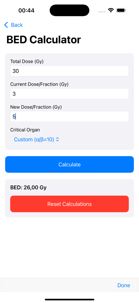 Biologically Effective Dose BED calculator interface in the Radiotherapy Tools app