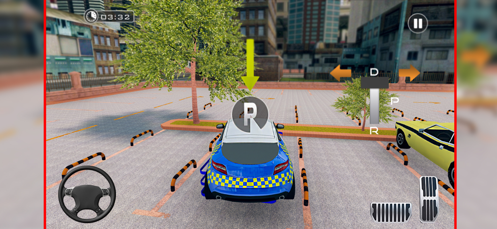Dubai Car Driving School 2025 - Gameplay of a blue car in a parking simulation with on-screen controls for steering and pedals