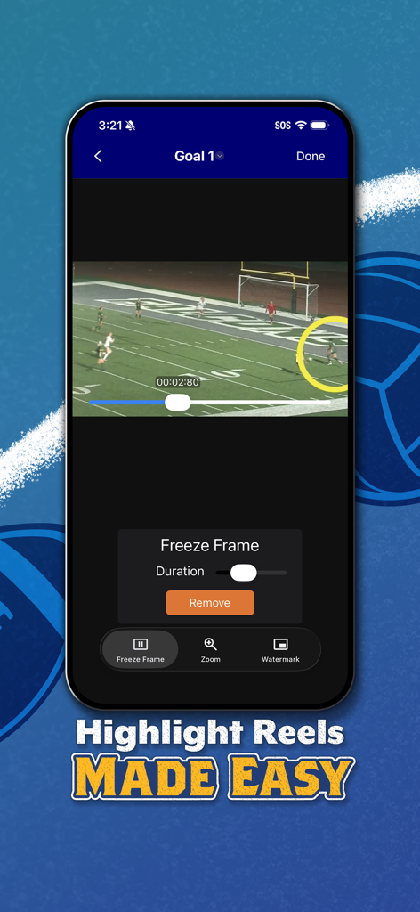 MatchCut Highlight Reel Maker - MatchCut app interface showing the freeze frame feature to highlight a student athlete in a soccer recruitment video