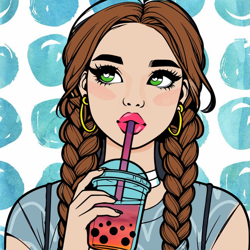 realistic girl with braided hair drinking boba