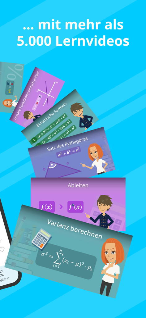 A collection of cards showing animated educational videos for math topics including Pythagoras and calculus