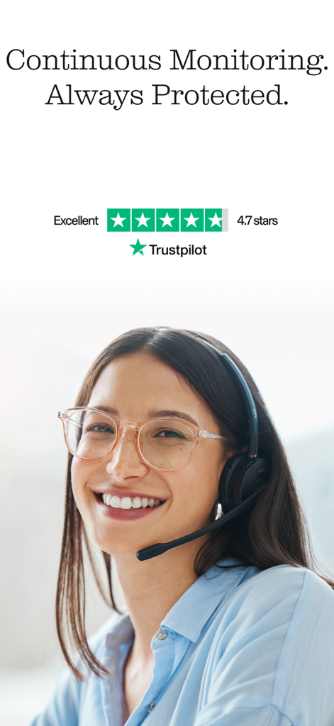A smiling support representative with a headset under a 4.7 star Trustpilot rating for Aura security.