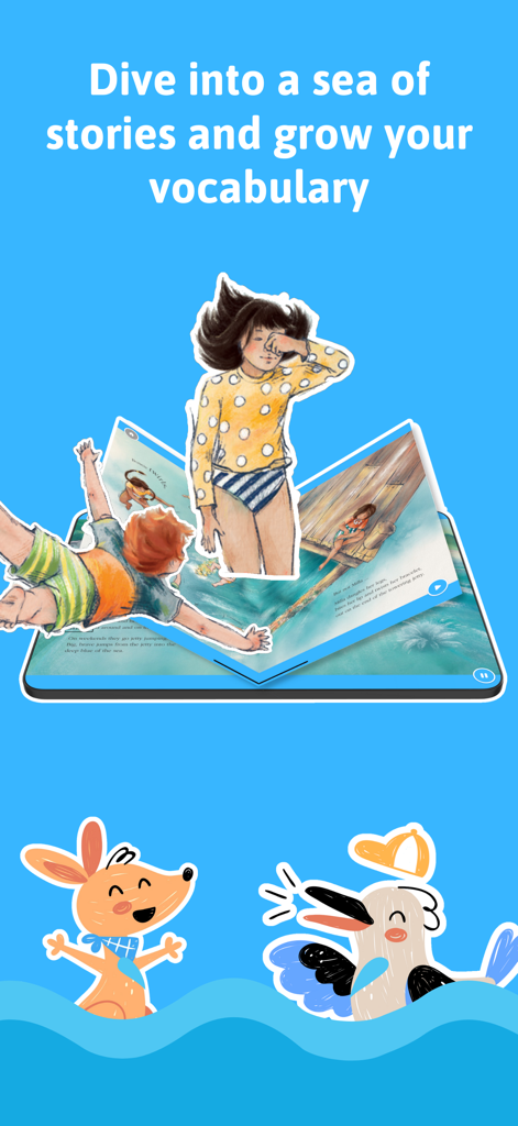 Joey Books - Childrens digital storybook on a tablet with characters popping out and text about growing vocabulary