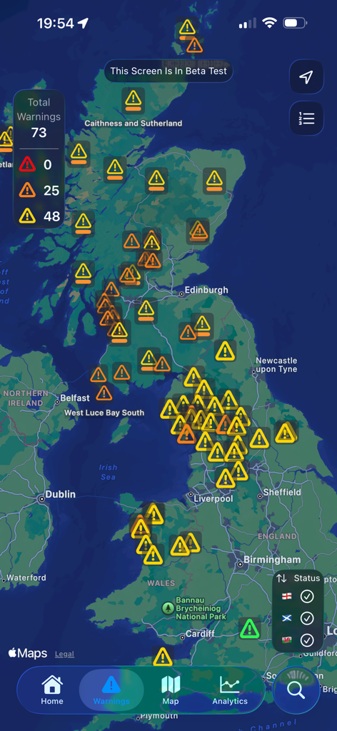 UkFloodPro - Map view of the UK displaying multiple flood warning icons and an alert summary