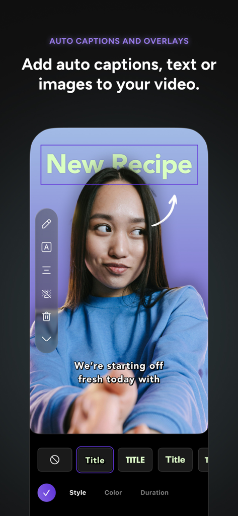 Detail: AI Video Editor - Mobile interface of Detail AI Video Editor showing auto-captions and a New Recipe text overlay on a vlog recording