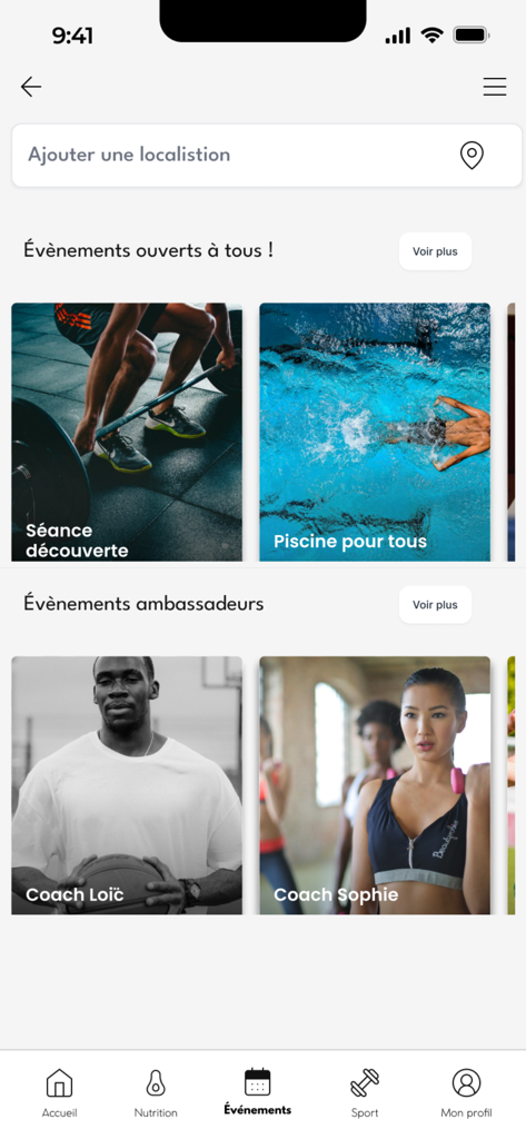 Boost-yourself - Interfaz de la aplicación Boost yourself que muestra eventos de la comunidad de fitness local y entrenadores embajadores profesionales