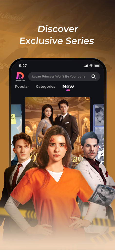 The DramaRush app interface displaying a variety of exclusive short form drama series and character posters on a mobile screen