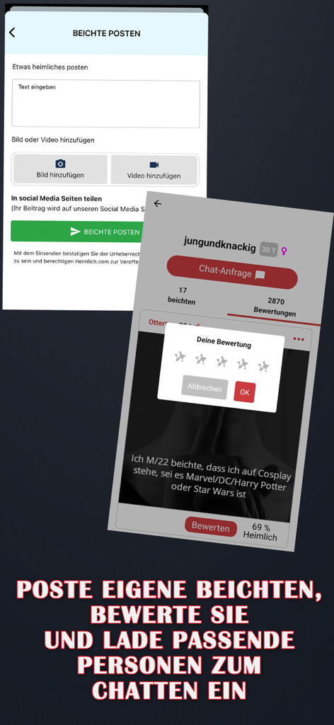 Interfaz de la aplicación Heimlich que muestra pantallas para publicar secretos, calificar historias y enviar solicitudes de chat.
