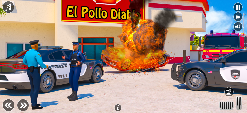 Police Simulator: Car Chase 3D - Police officers standing by their cruisers in front of an exploding car and a restaurant in a 3D simulation game.