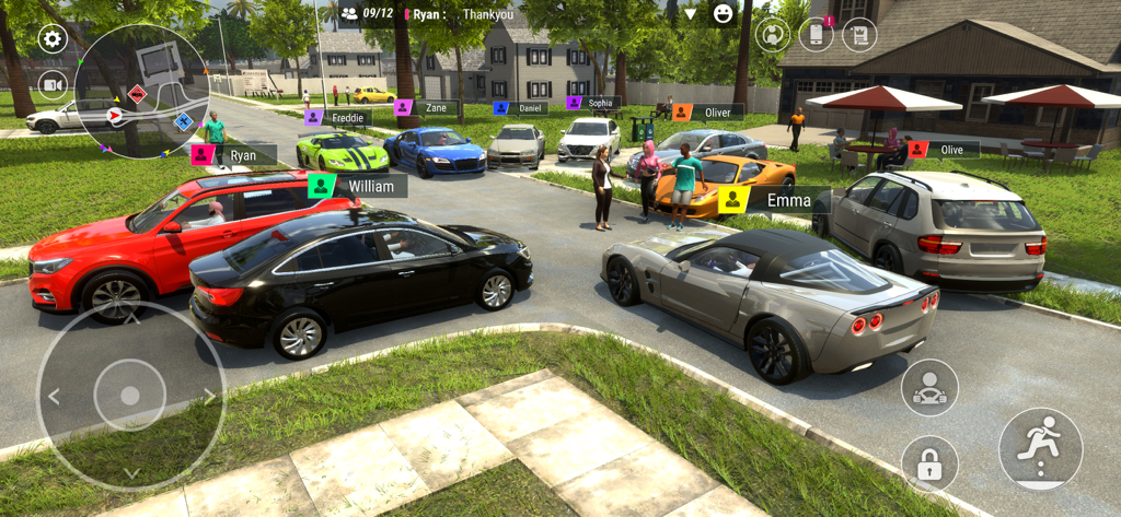 Players hanging out with their customized cars in the open world multiplayer mode of Car Parking Driving School