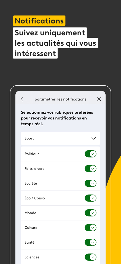 Configuración de notificaciones de la aplicación franceinfo para alertas de noticias personalizadas