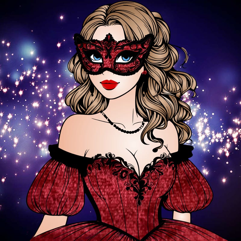 realistic woman in masquerade mask in ball gown