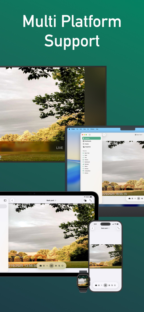 IP Camera Viewer - IPCams - IPCams app displayed on multiple Apple devices including Apple TV Mac iPad iPhone and Apple Watch showing a live camera feed
