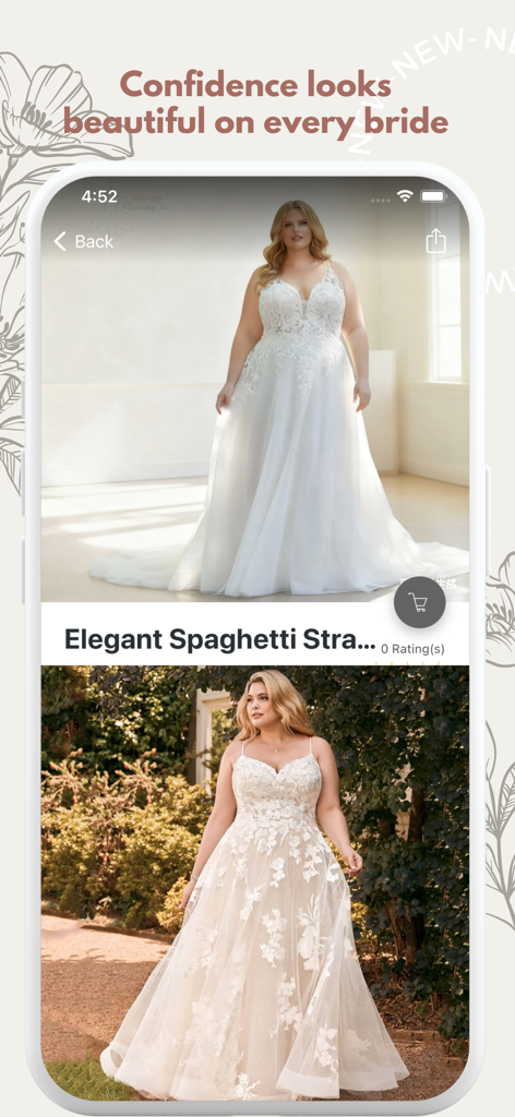Plus Size Wedding Dress Shop - Mobile App-Oberfläche mit eleganten Spitzen-Brautkleidern in Übergrößen und einer Body-Positivity-Botschaft