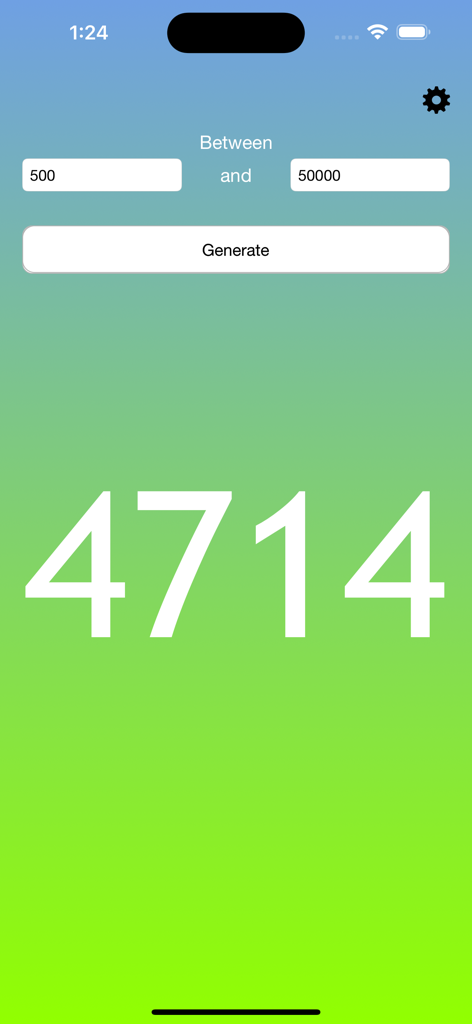 The Random Number Generator - A interface do aplicativo Random Number Generator mostrando um grande número aleatório 4714 com configurações de intervalo personalizadas de 500 a 50000