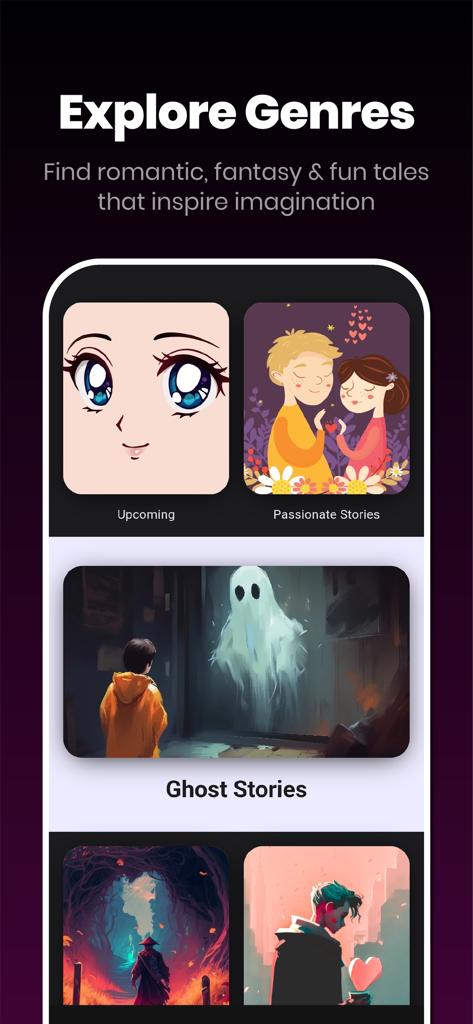 Interfaz de la aplicación AnimeHub que muestra la pantalla Explorar géneros con categorías de historias románticas, de fantasía y de fantasmas.