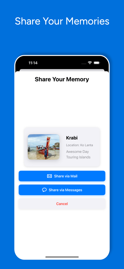 A mobile app screen for Easy Trip Planner showing options to share a travel memory from Krabi via email or messages.