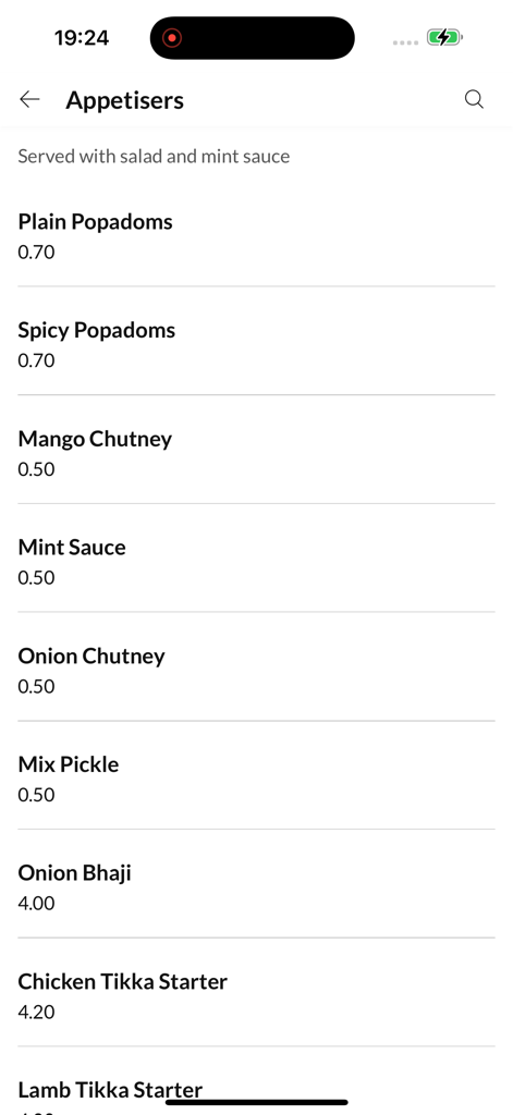 Kismet Hartshill - Pantalla del menú de la app móvil Kismet Hartshill mostrando aperitivos y entrantes con sus precios.