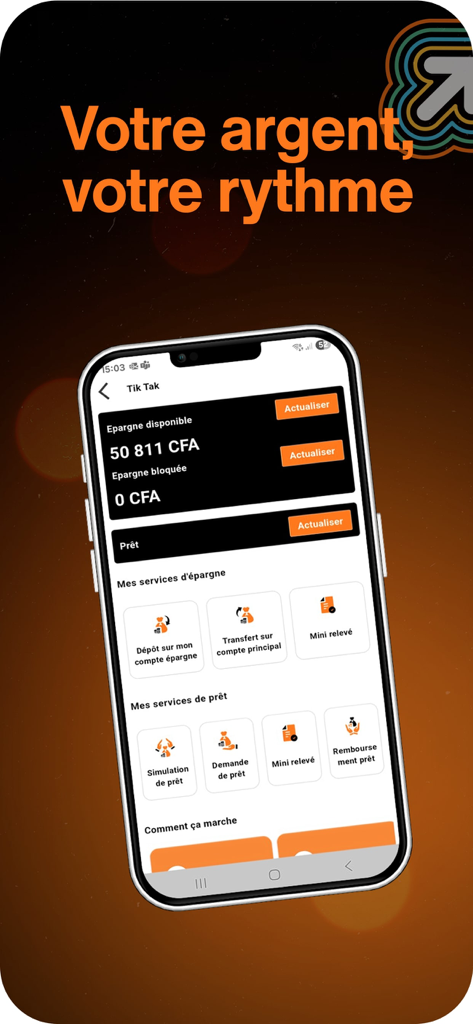 Pantalla de la aplicación Orange Max it Senegal para la gestión de ahorros y préstamos Tik Tak