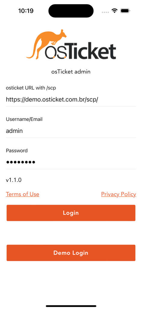 osTicket Admin - Schermata di accesso per l'applicazione mobile osTicket Admin che mostra i campi per l'URL del server e le credenziali utente