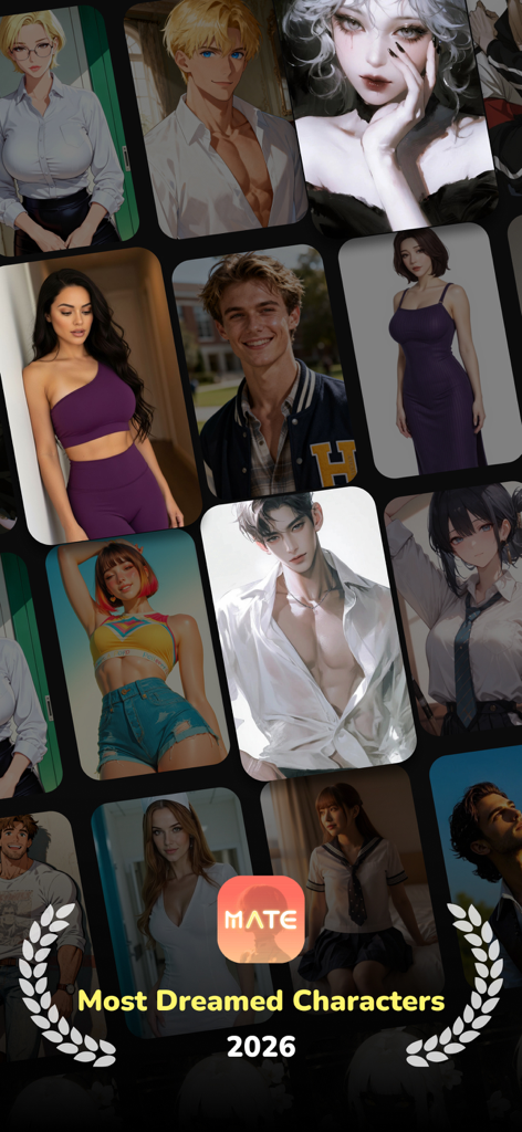 Mate-Soulmates For Every Step - Uma colagem de diversas companheiras virtuais de IA do aplicativo Mate