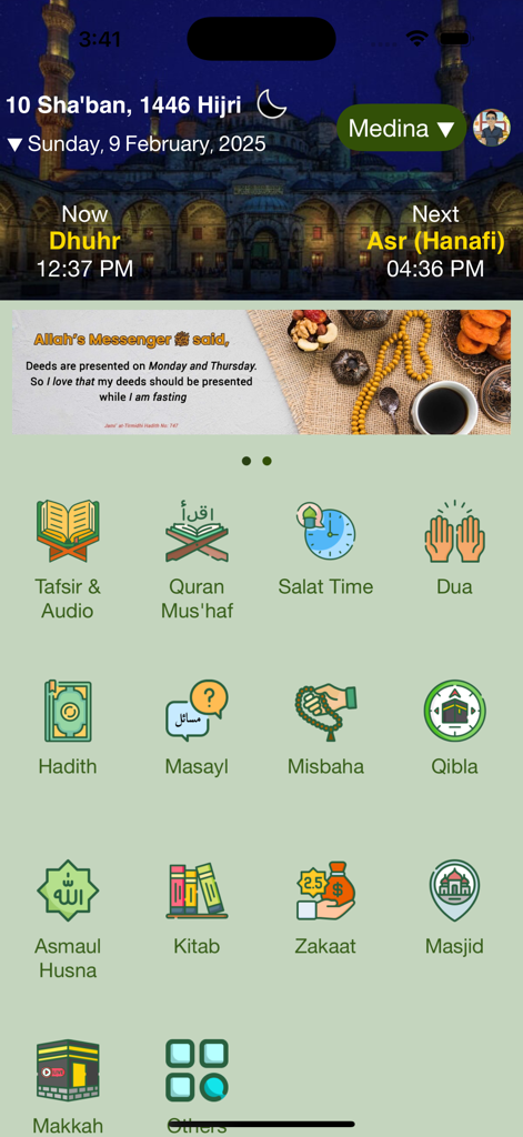 Dashboard of the Muslim Dawah app featuring prayer times, Hijri date, and Islamic service icons like Quran and Qibla.