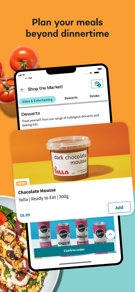 EveryPlate mobile app interface showing the market section for ordering desserts and drinks