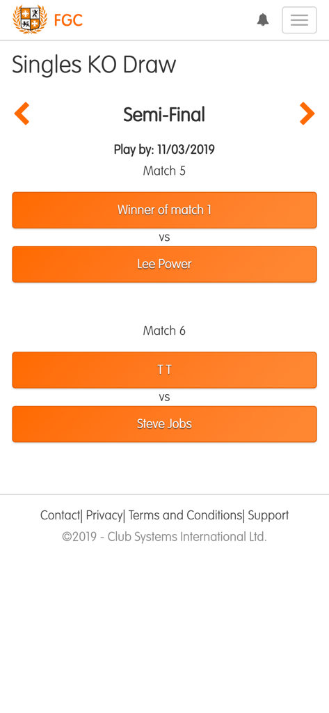 Singles Knockout Draw screen showing semi final golf match pairings in the ClubV1 Members Hub app