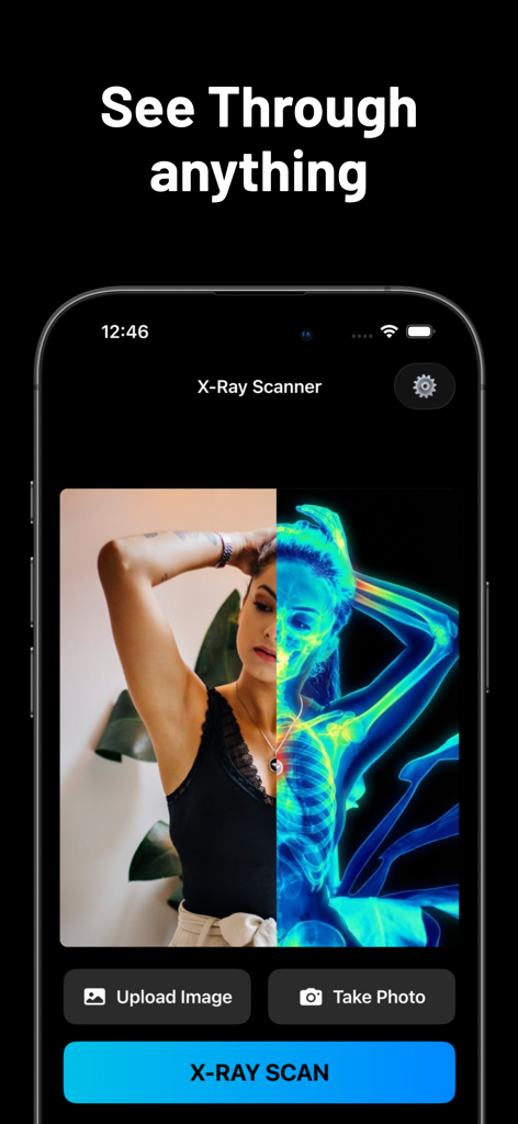 X-Ray Camera - Captura de pantalla de la app Cámara Rayos X mostrando una pantalla dividida de una foto y una simulación esquelética térmica
