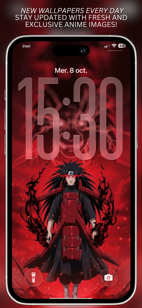 Tela de bloqueio do iPhone exibindo um papel de parede de anime 4K de alta resolução de Madara Uchiha de Naruto