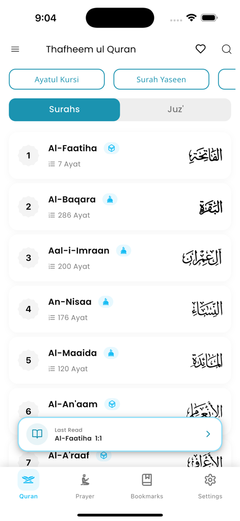 Thafheem ul Quran mobile app interface showing a list of Surahs with English and Arabic titles