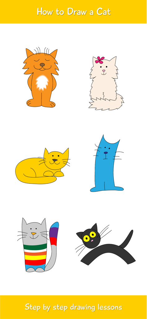 How to Draw a Cat Step by Step - Ejemplos de varios personajes de gatos de dibujos animados utilizados en lecciones de dibujo paso a paso