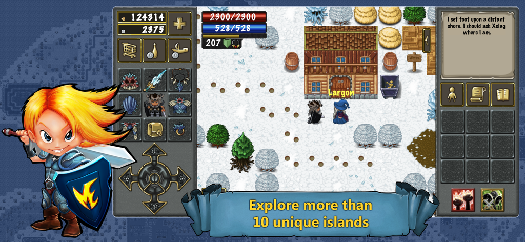TibiaME - MMORPG - TibiaME retro 2D MMORPG gameplay showing a warrior in a snowy environment with game interface and island exploration banner.