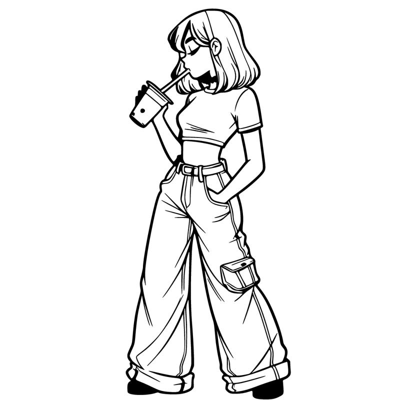 relistic girl wearing baggy crop top and bell bottems drinking boba