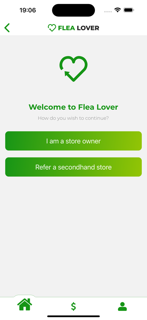 Flea Lover - Flea Lover app welcome screen with buttons for store owners and secondhand shop referrals.