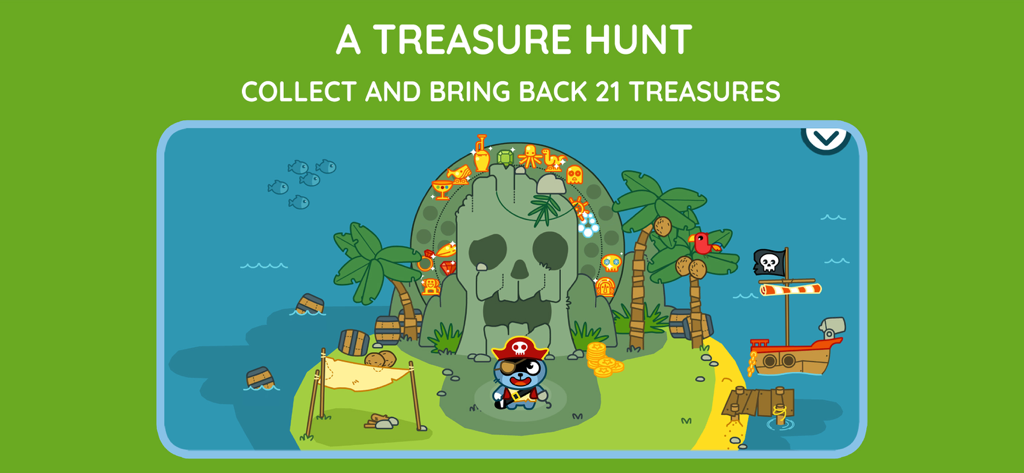 Pango Pirate: Adventure Game - パンゴ海賊が海賊船を背景にしたドクロ型の山の前に立つ熱帯の島に立っている