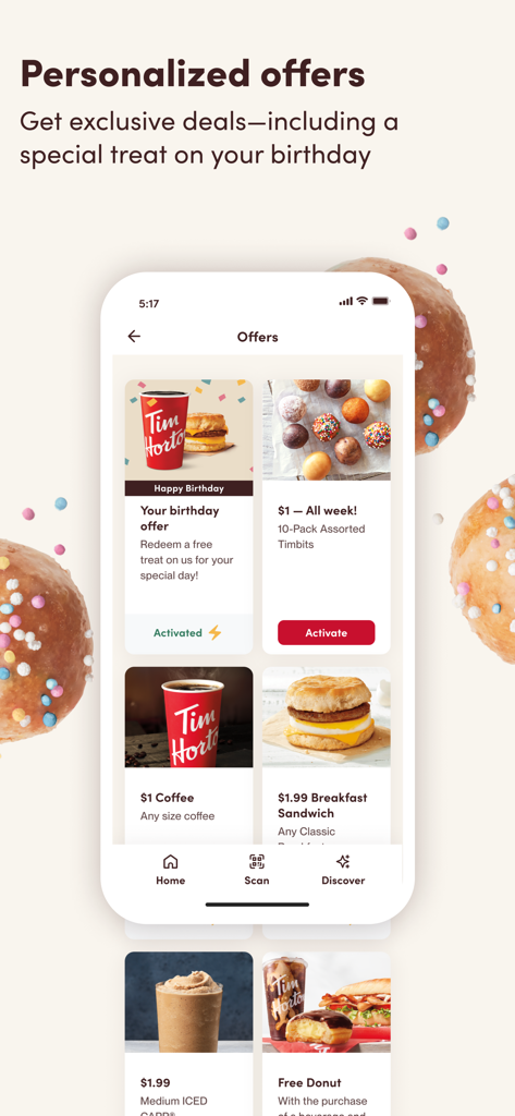 Tim Hortons app screen displaying personalized offers and food deals
