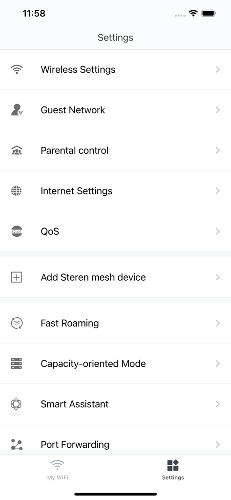 Steren WiFi - Menu de configurações do aplicativo Steren WiFi mostrando opções de gerenciamento de rede, incluindo controle dos pais, rede de convidados e configurações sem fio