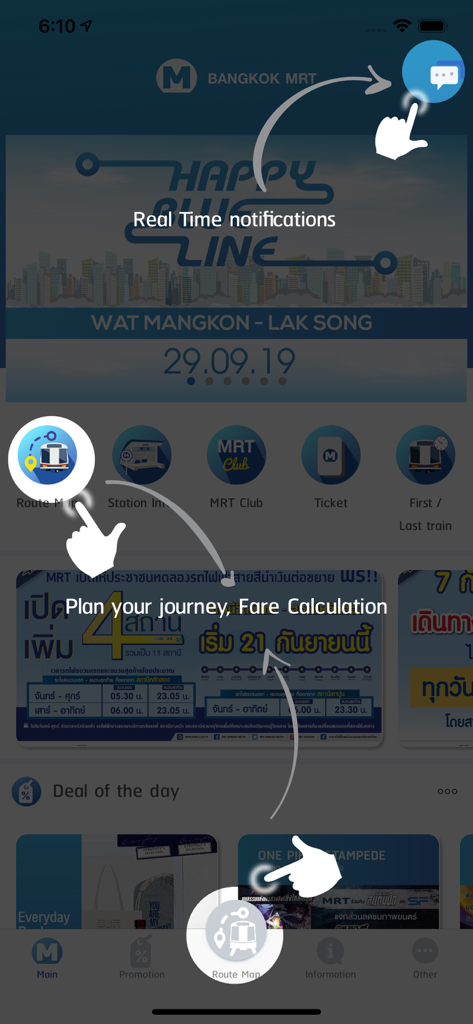 Bangkok MRT. - Bangkok MRT app home screen highlighting journey planning and real time notification features