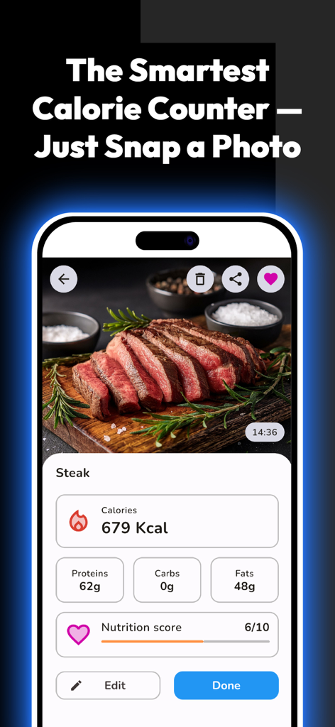 Simple AI Calorie Counter - AI-powered calorie counter app showing nutritional breakdown and calories for a steak meal photo