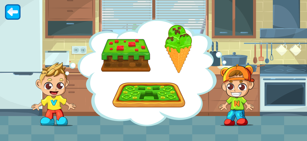 Vlad & Niki Cooking Pizza Game - Vlad and Niki characters in a kitchen thinking about pixelated pizza and ice cream