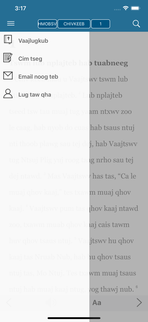 Kinh Thánh H'mông Xanh - Side navigation menu of the Hmong Green Bible app showing options in Hmong language