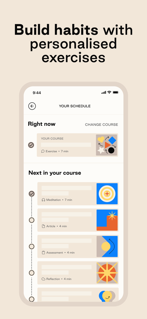 Interface of the Kyan Health app displaying a personalized daily schedule of mental wellness exercises and meditations
