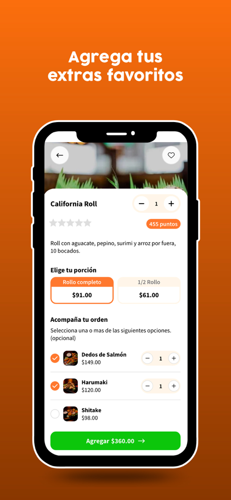Pantalla de la aplicación móvil Dong Sushi para pedir un California Roll con opciones de acompañamiento extra